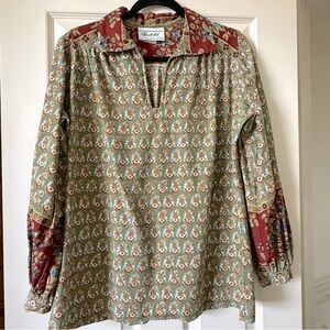 Teddi Vintage 70s Floral Top Long Sleeves Cotton Boho Festival Green Red Size L
